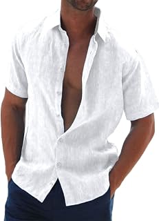 Halfword Men's Linen Short Sleeve Summer Cotton Shirt Casual Buttons Plain
