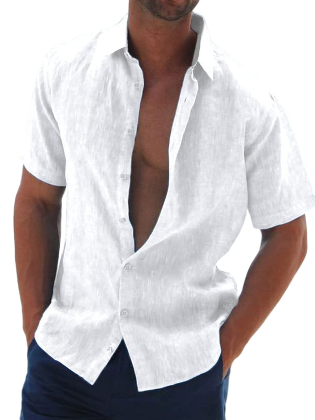 Halfword Men's Linen Short Sleeve Summer Cotton Shirt Casual Buttons Plain
