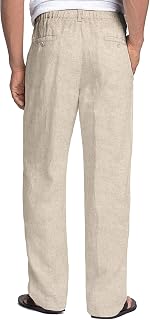 Mens Linen Pants Casual Beach Summer Elastic Waist Drawstring Lightweight Pants
