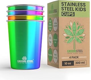 10oz Kids Cups – Stainless Steel Cups for Home, Party, Camping & Outdoor Activities – BPA Free, Unbreakable, Premium Stackable Metal Drinking Glasses for Children (4-Pack)