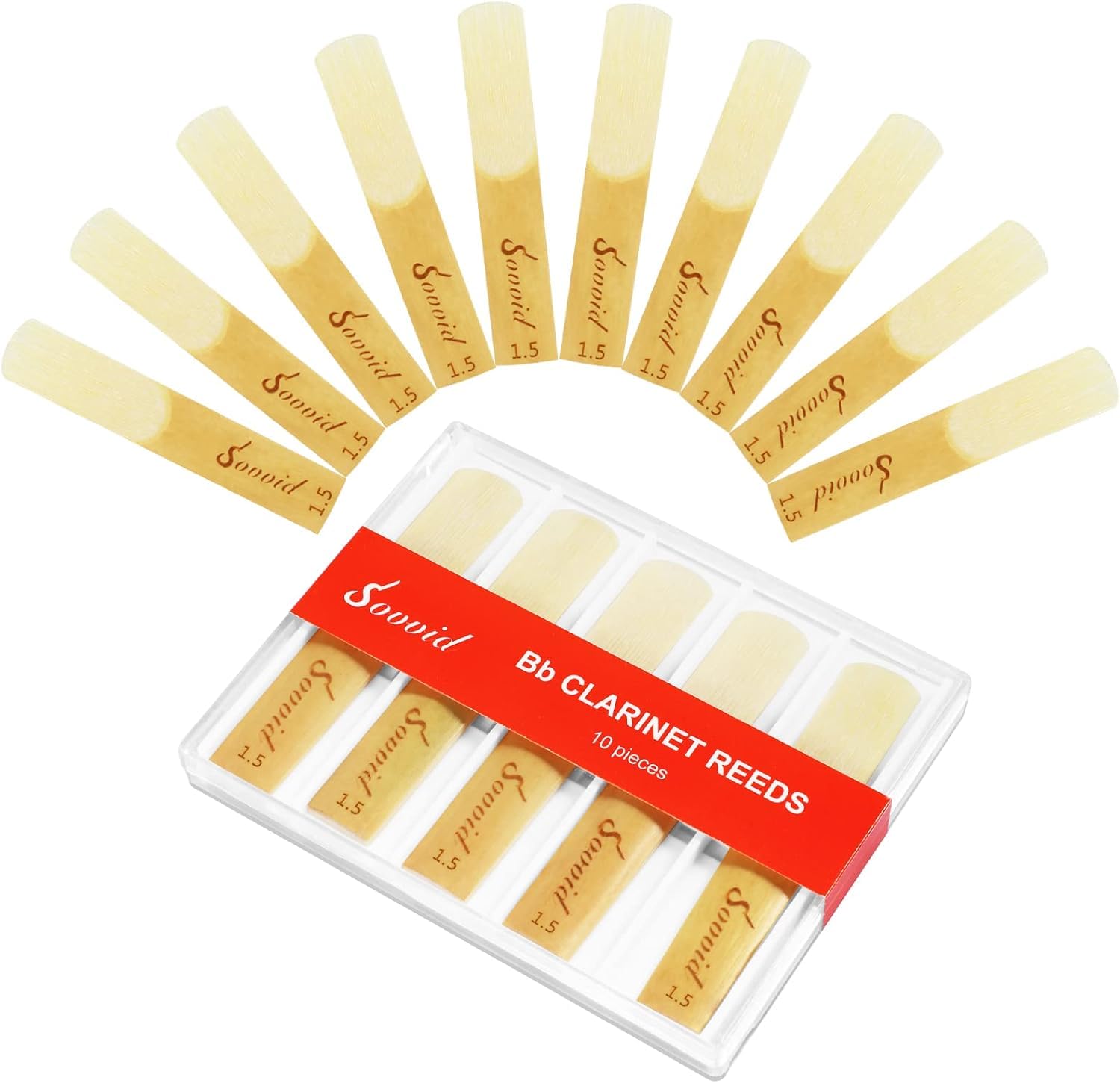 Sovvid Bb Clarinet Reeds - 10 Pack, Strength 1.5 with Plastic Box, Thinner Tip &