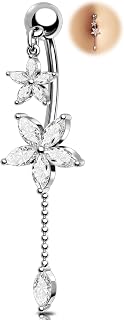 Melighting 14G Lotus Belly Button Ring, Dangle Belly Piercing Jewelry Surgical Steel 316L, 10 mm Reverse Navel Ring, Silver Flower Body Jewellery for Women