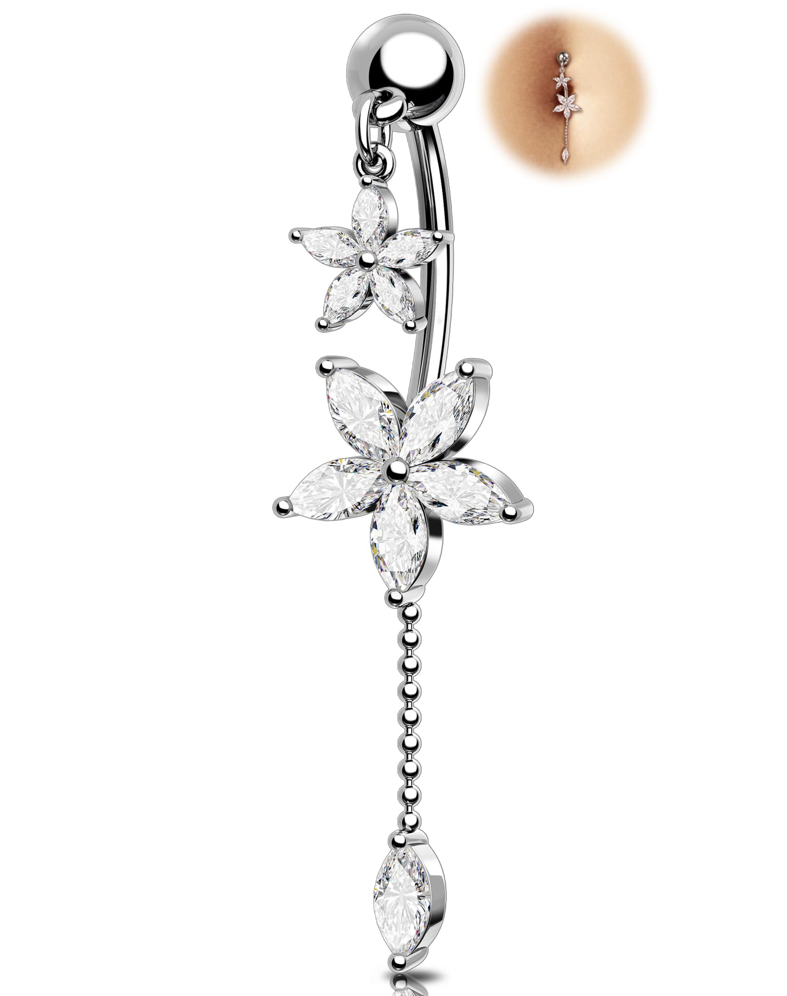 Melighting 14G Lotus Belly Button Ring, Dangle Belly Piercing Jewelry Surgical S