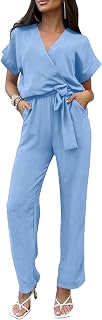 PRETTYGARDEN Women's Casual Short Sleeve V Neck Jumpsuit with Belt