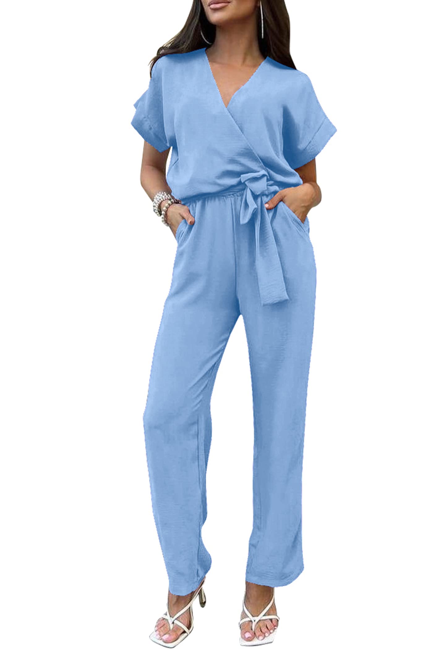 PRETTYGARDEN Women's Casual Short Sleeve V Neck Jumpsuit with Belt