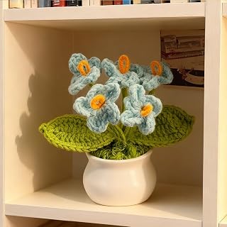 Crochet Flowers in Pot, Handmade Flower Pot Decoration, Small Potted Flowers, Ideal for Home Desks, Balcony, Room and Gifts (Blue Flower)