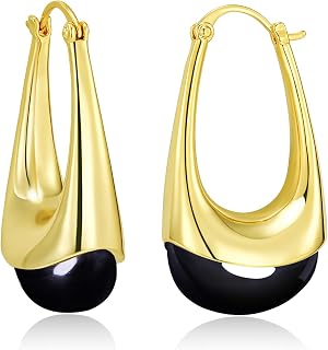 SNGIA Long Oval Chunky Dangle 18K gold plated Hoops with Colored Resin Gemstone Statement Earrings for Women by SNGIA, (Green, Brown, Blue, Pink, White, Cream), Bold Drop Handmade Exaggerated