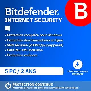 Bitdefender Internet Security 2026| 5 Appareils | 2 Ans | PC | Code d’activation par email | Renouvellement Automatique