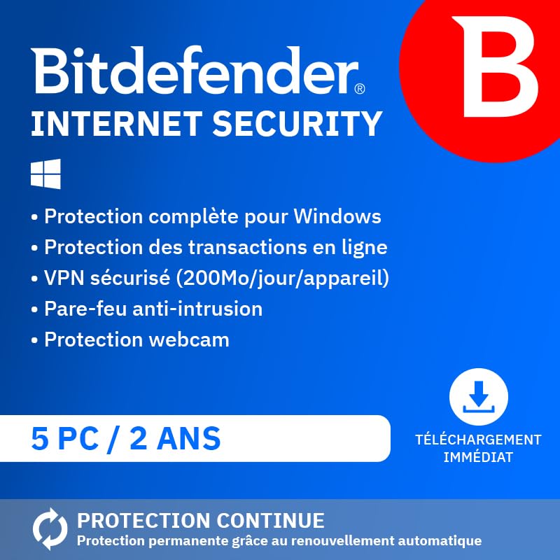 Bitdefender Internet Security 2026| 5 Appareils | 2 Ans | PC | Code d’activation