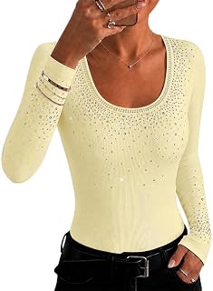 CHICME Women's Ribbed Knit Top with Rhinestone U Neck