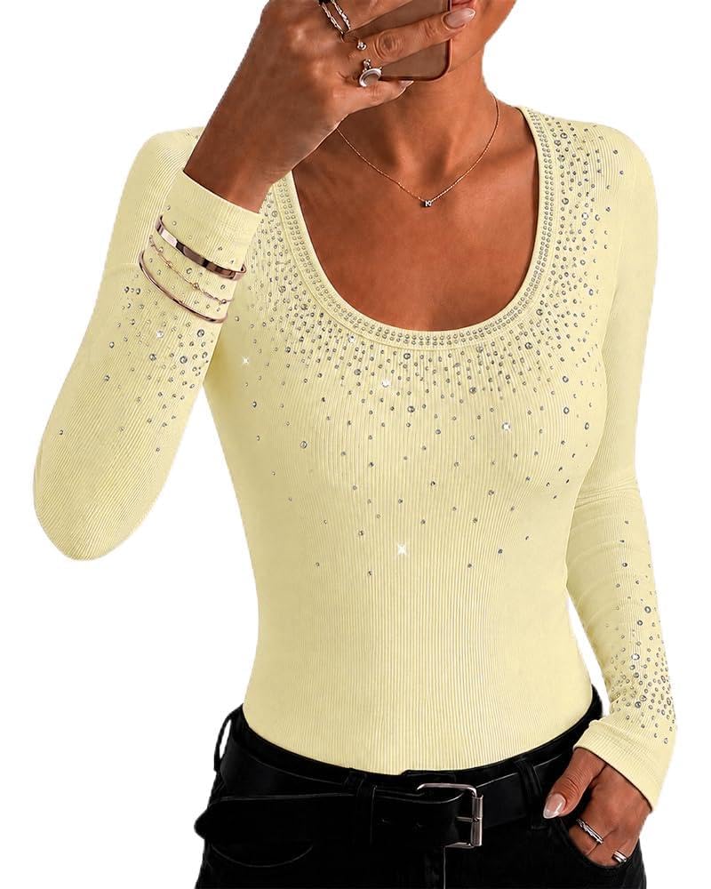 CHICME Women's Ribbed Knit Top with Rhinestone U Neck