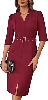 GRACE KARIN Women's V Neck Bodycon Dress 3/4 Sleeve Elegant Slim Fit Belted Formal Cocktail Dress