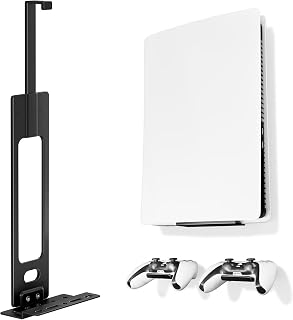 pickpiff PS5 Wall Mount Bracket, Compatible with All PlayStation 5 Models (Disc, Digital, Slim & Pro), Adjustable Console Holder with 2 Controller Holders, Black
