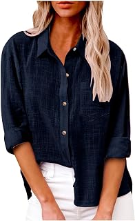Womens Cotton Linen Button Down Shirt Spring Casual Long Sleeve Shirts Loose Work Tops