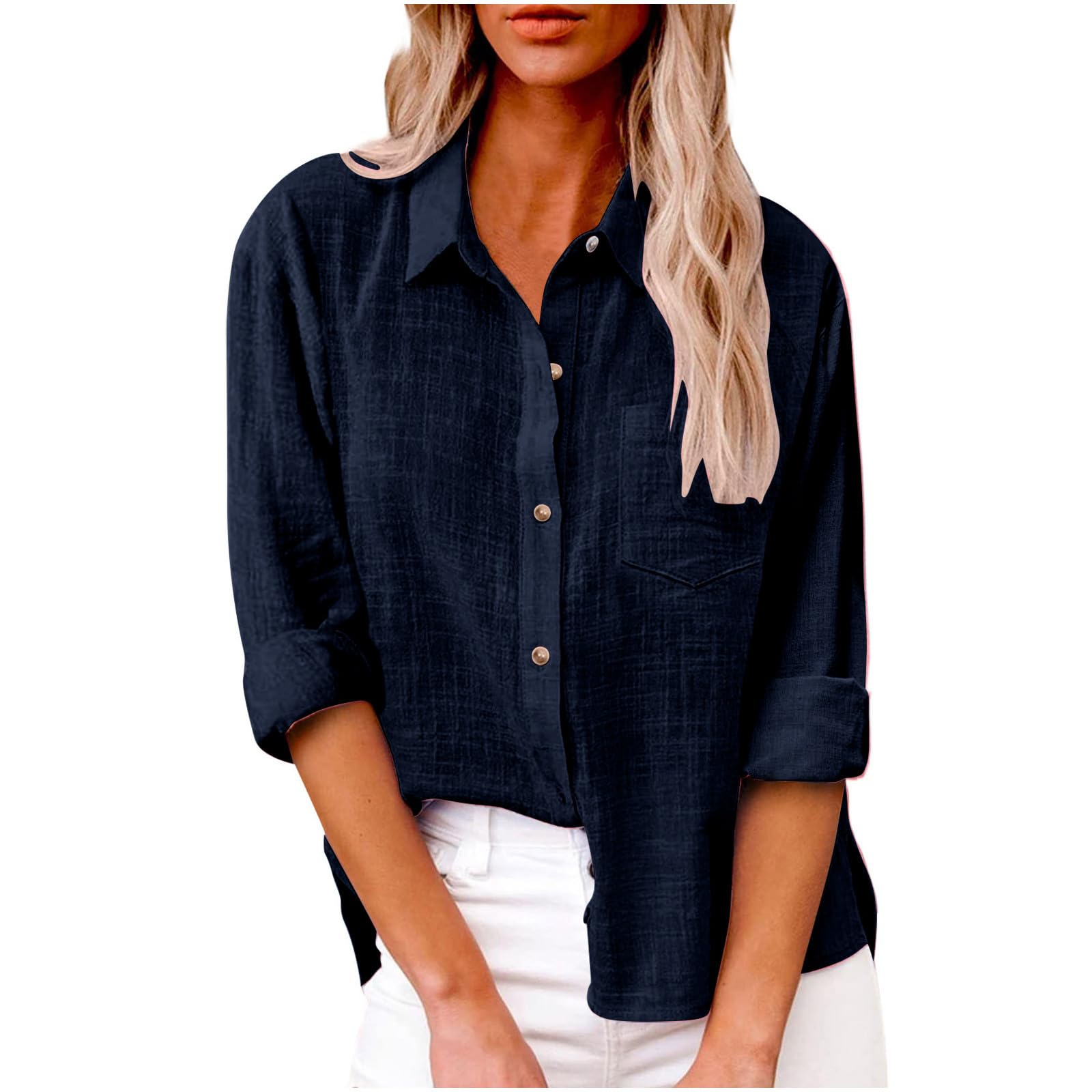 Womens Cotton Linen Button Down Shirt Spring Casual Long Sleeve Shirts Loose Wor