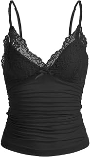 Naileksi Women Y2k Lace Trim Cami Top Spaghetti Strap Fairy Grunge Tank Top V Neck Ruched Bow Lace Patchwork Cami Shirt
