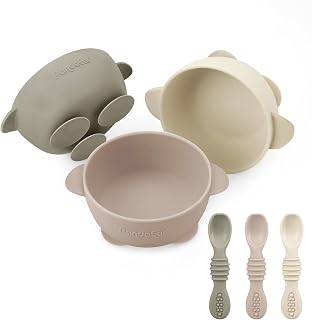 PandaEar 3 Pack Baby Suction Bowls with 3 Spoons, Stay Put Silicone Food Bowl Babies Led Weaning Supplies for Kids Toddlers, BPA-Free, Linen Brown Tan