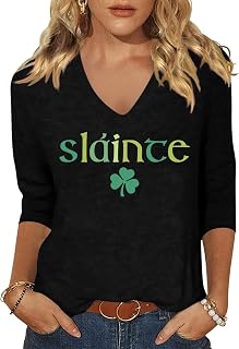 Vircreate T-shirt da donna con maniche a 3/4 e scollo a V, per San Valentino, primaverile, con stampa a cuore