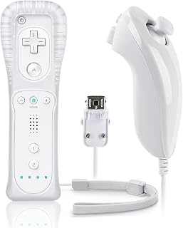 FIOTOK Wii Remote with Nunchuck for Nintendo Wii/Wii U | With upgraded functions of pointer, speaker and shock vibration,With Silicone Case and Wrist Strap, White