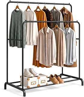 Double Garment Rack with Shoe Shelf, Heavy Duty Freestanding Clothes Rack, Metal Clothing Organizer for Bedroom, Closet or Dressing Room