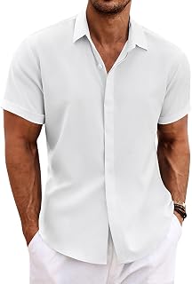 COOFANDY Men's Linen Shirt Short Sleeve Button Down Shirt Regular Fit Casual Shirts Summer Beach Linen Shirt