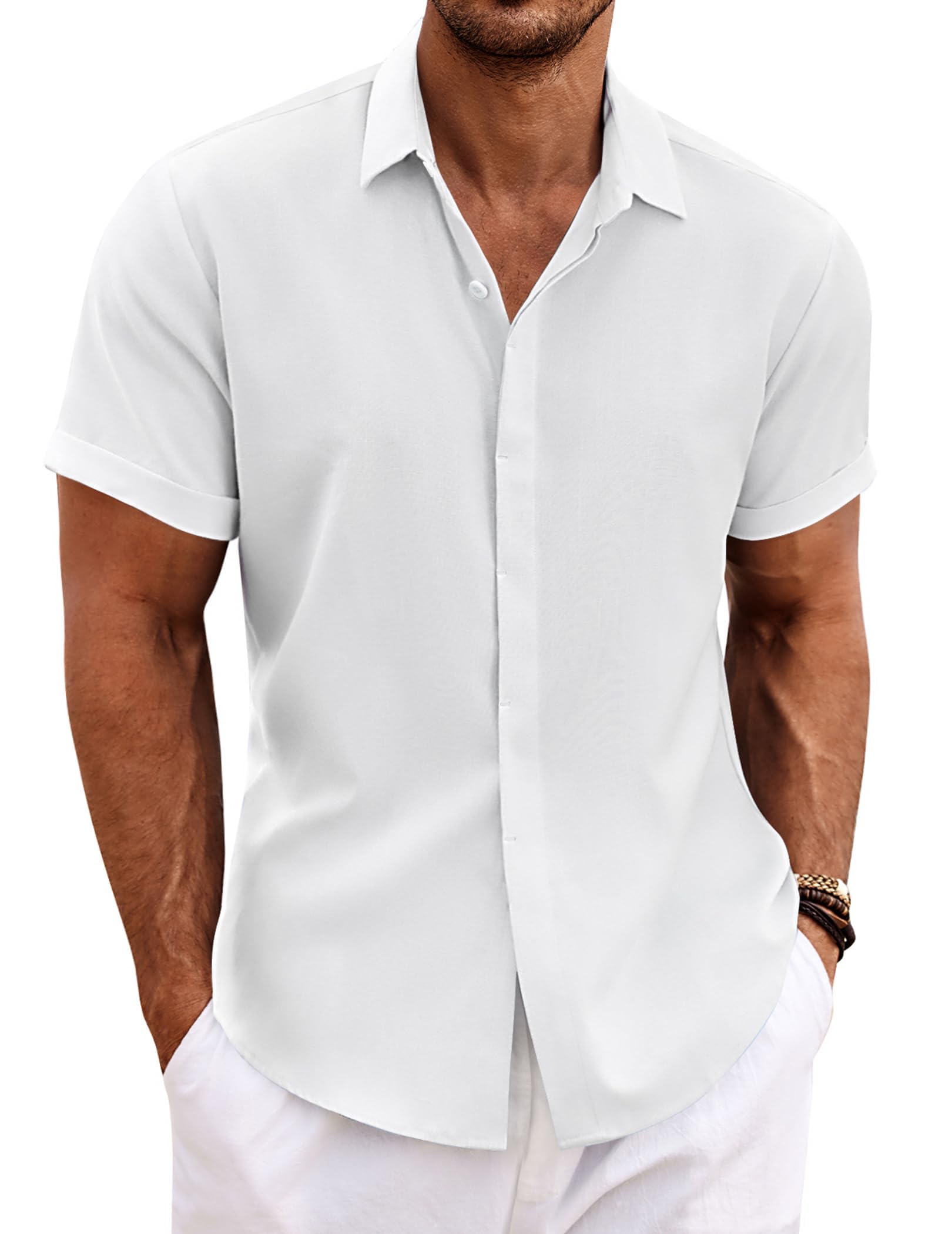 COOFANDY Men's Linen Shirt Short Sleeve Button Down Shirt Regular Fit Casual Shi
