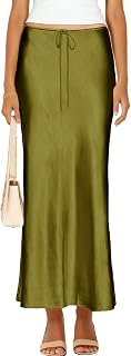Womens Satin Silk Maxi Skirts Drawstring Flared Casual A-Line Leopard Print Long Skirt for Women