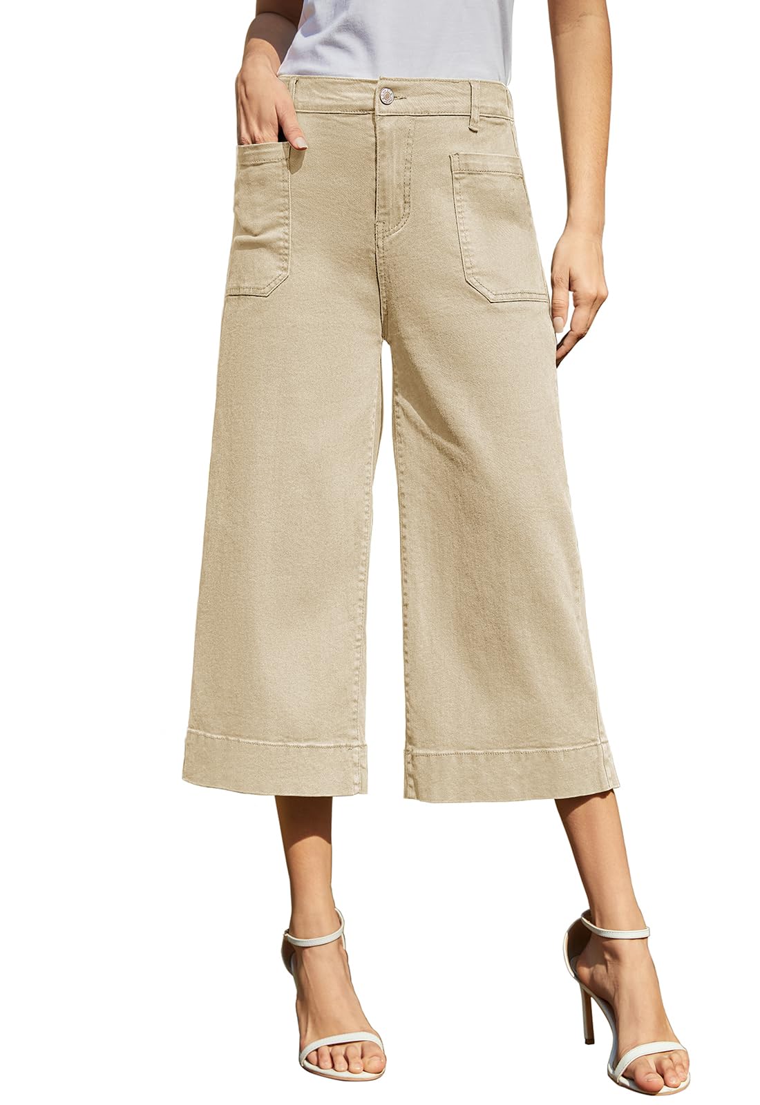 Rasutina Women Wide Leg Capri Pants Stretchy Cropped Pants for Women Trendy Chin