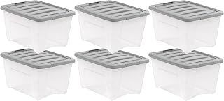 Amazon Basics Plastic Storage Containers with Secure Latching Lids, Stackable Organization Bins, Clear/Grey, 32 Quart, Set of 6