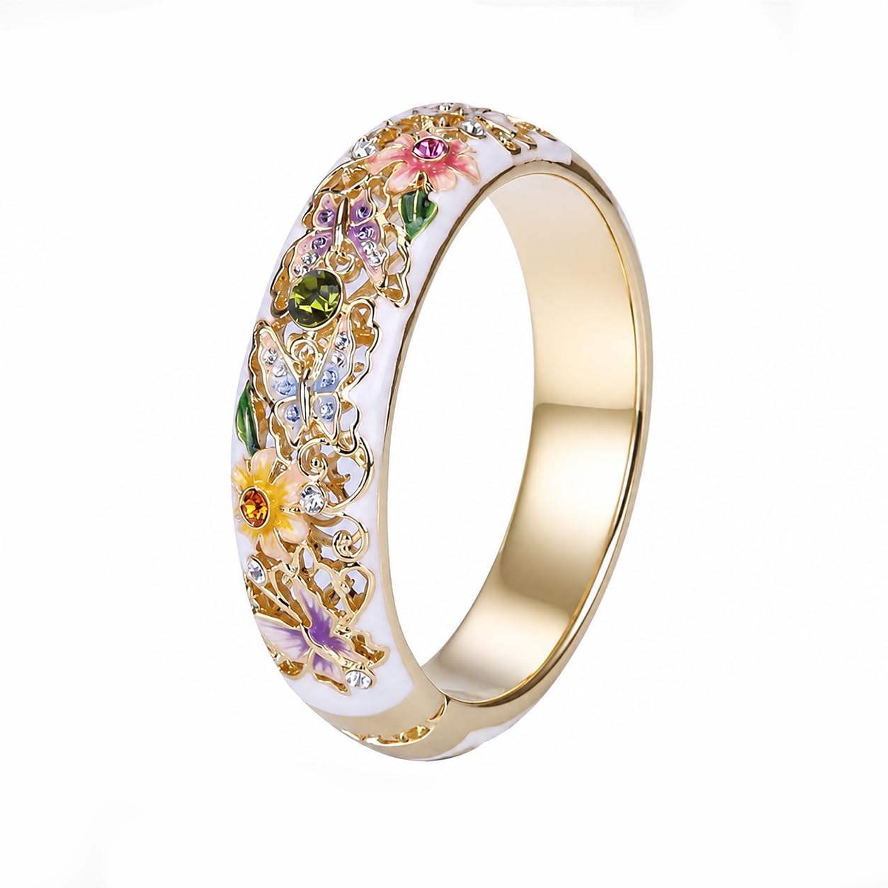 1PC Gold Enamel Butterfly and Flower Ring, Filigree Hollow Carved Design, Decora