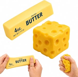 2 PCS Butter and Cheese Squishy Toys, 1 PCS Squishy Butter Stick and 1 PCS Cheese Cube, Soft Slow Rising Food Squeeze Toy, Stress Relief Fidget Toy for Kids Adults