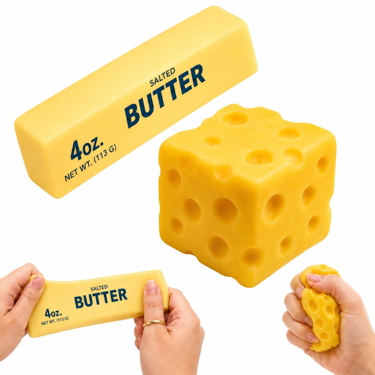 2 PCS Butter and Cheese Squishy Toys, 1 PCS Squishy Butter Stick and 1 PCS Chees