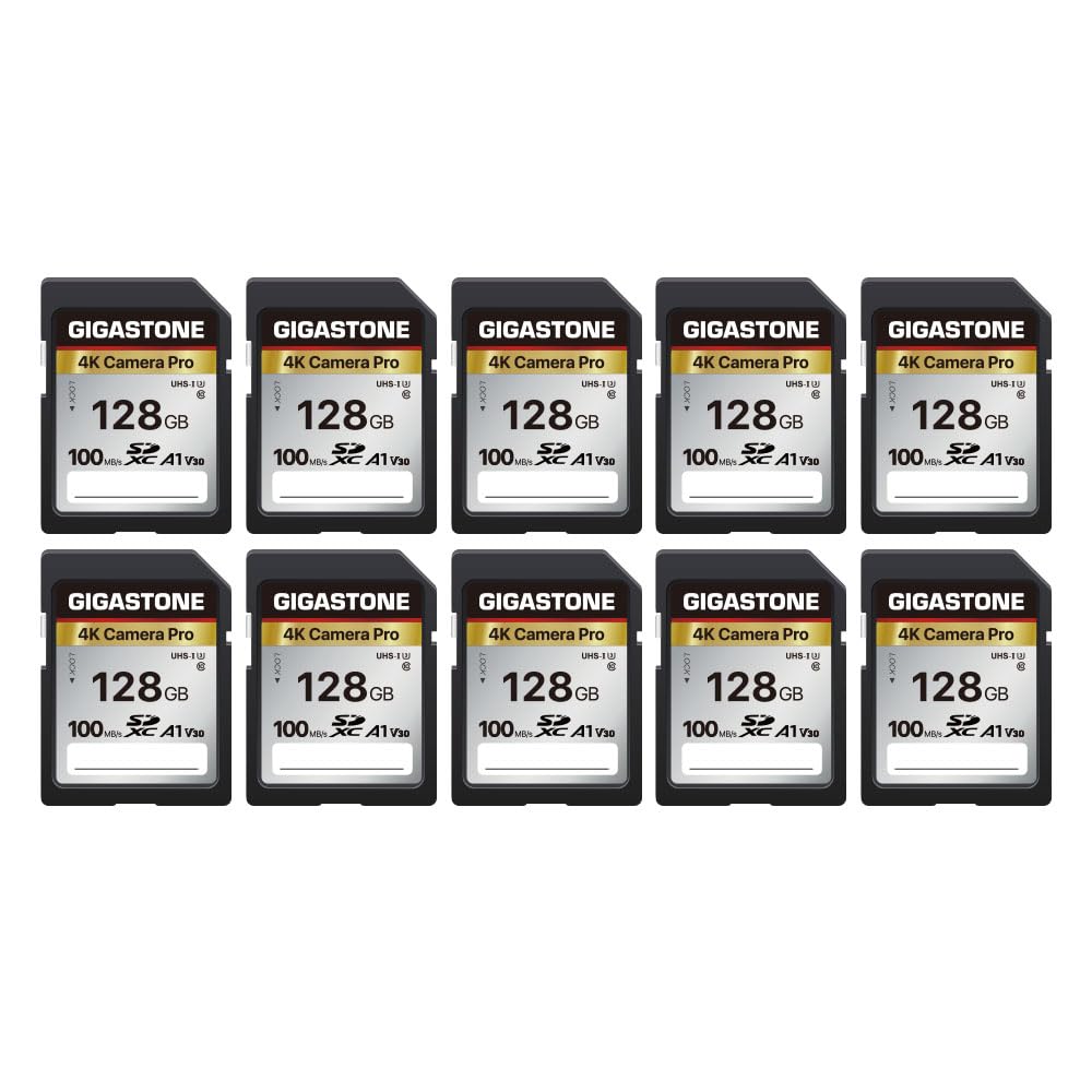 【5-Years Data Recovery】GIGASTONE 128GB 10-Pack SD Card, 4K Camera Pro, A1 V30 SD
