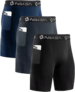 Niksa 3 Piece Compression Shorts for Men Basic Running Shorts with Mobile Phone Pocket Sports Shorts Quick Drying and Breathable