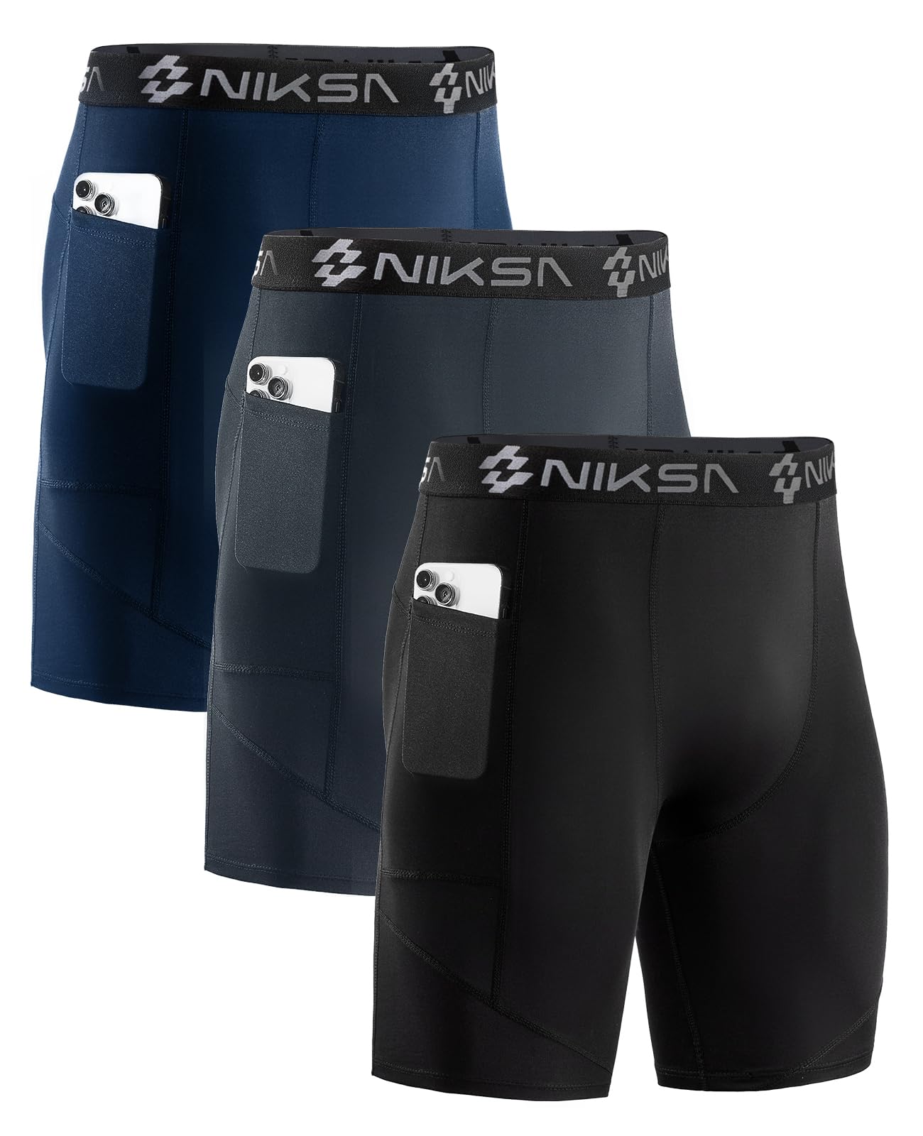 Niksa 3 Piece Compression Shorts for Men Basic Running Shorts with Mobile Phone 