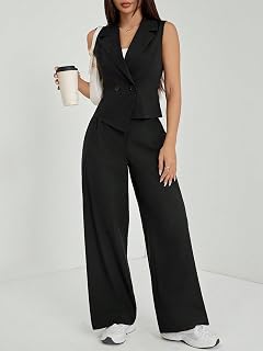 Women 2 Piece Suit Sleeveless Vest and Wide Leg Trousers Casual Work Blazer Set