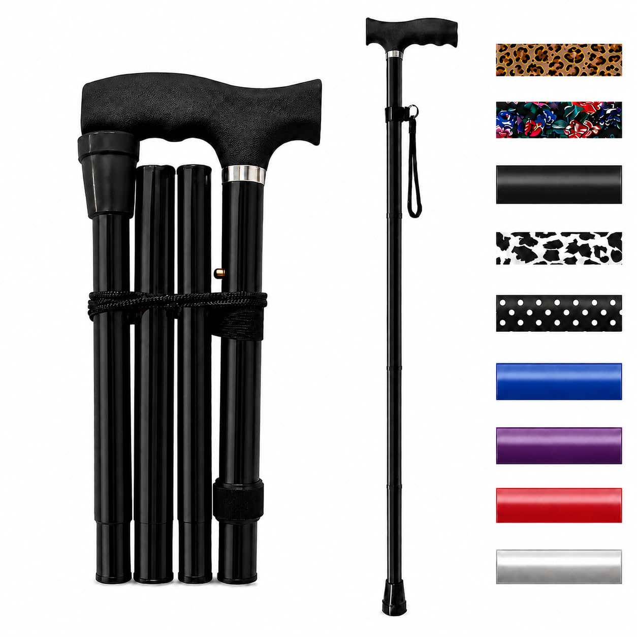 Life Healthcare Folding Walking Stick, Adjustable Aluminium Cane, Black | Lightw
