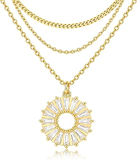 14K Gold Layered Necklace for Women Circle Round Coin Pendant