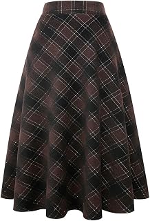 IDEALSANXUN Womens Plaid Wool Skirts Elastic Waist A-Line Pleated Tartan Long Skirts