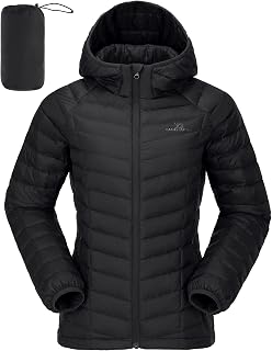 CAMELSPORTS Women's Down Jacket Hooded Winter Light Weight Short Puffer Coats Packable Warm Windproof Ladies Parka