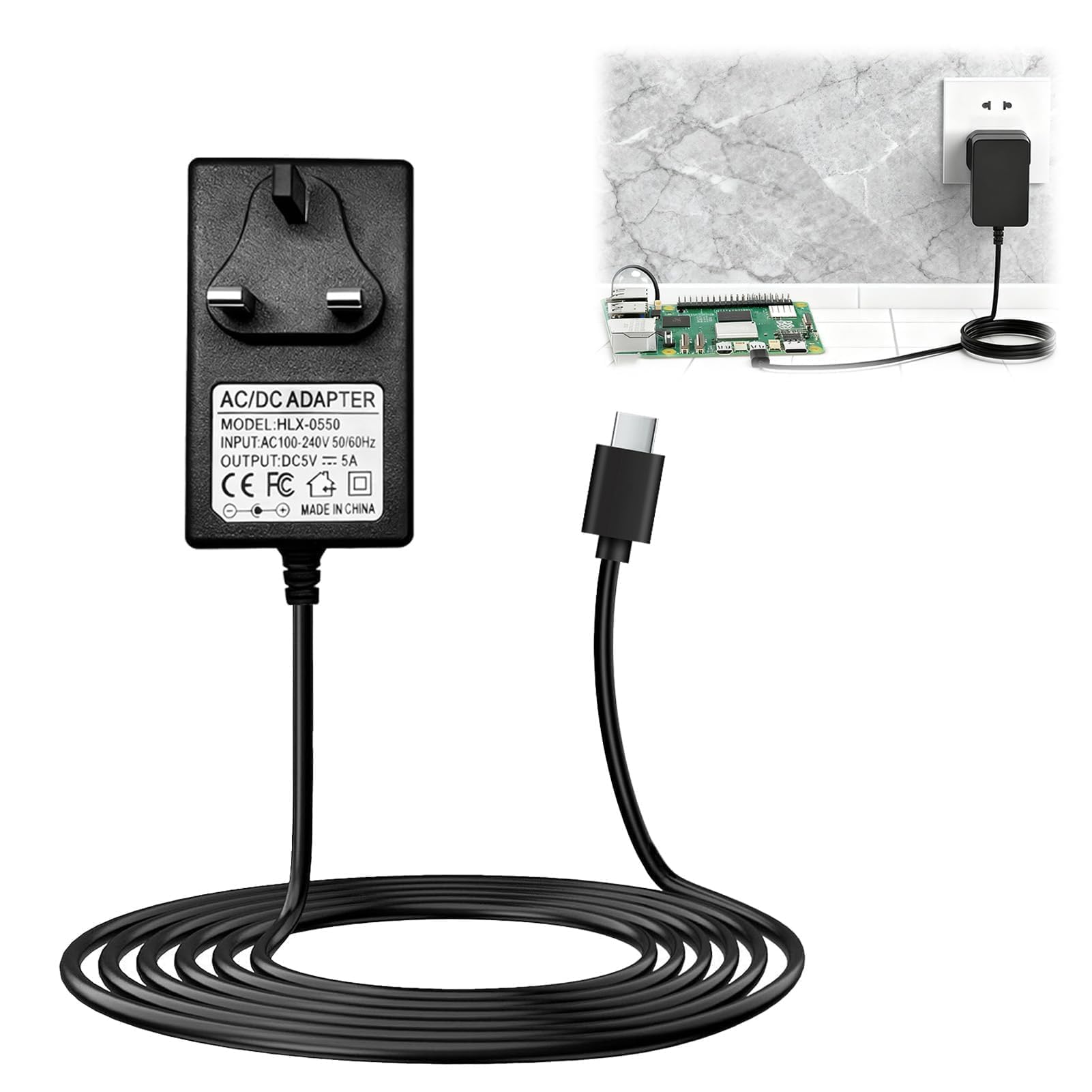 USB C Power Supply for Raspberry Pi 5 27W 5V 5A PD Adapter UK Plug Black | Fast 