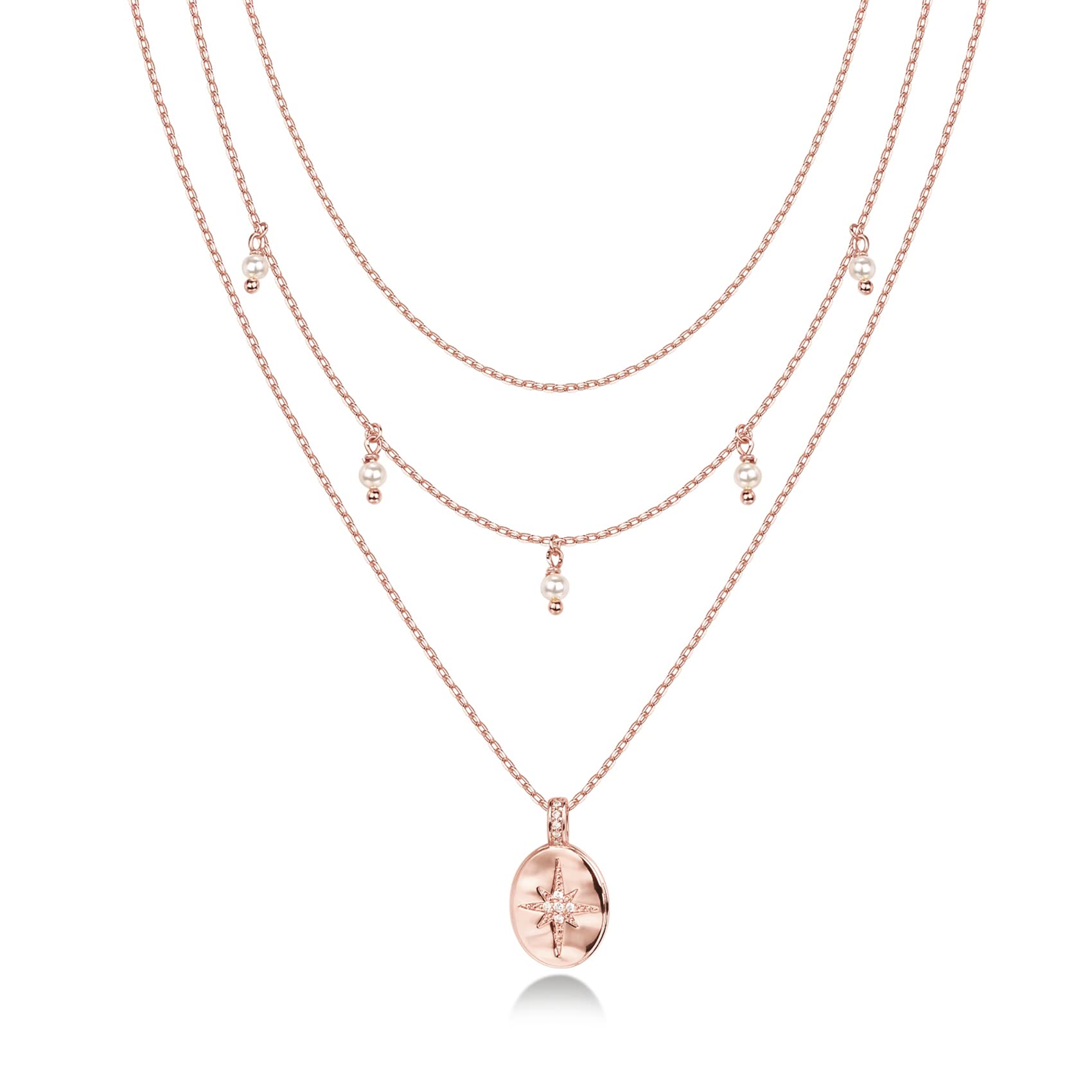 PAVOI Gold Layered Necklaces for Women, 14K Rose Plated Pearl Pendant Stack
