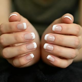 24Pcs/Kit Press-On Nails, Natural Nude White French Fake Nails, Glossy Fake Nails Tips Artificial Finger Manicure Jelly Luo Nails for Women and Girls