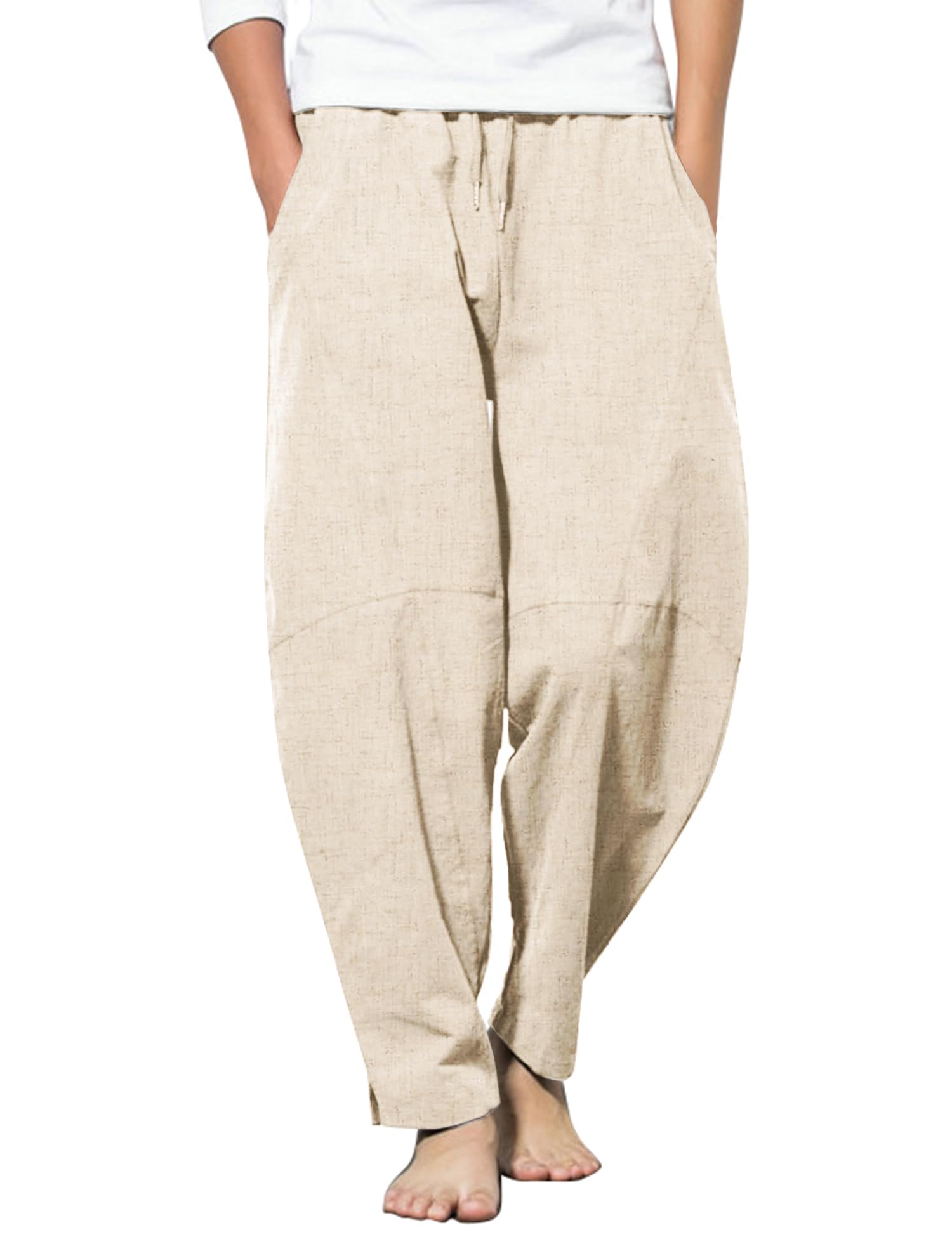 COOFANDY Mens Linen Harem Pants Drawstring Casual Elastic Waist Lightweight Pant