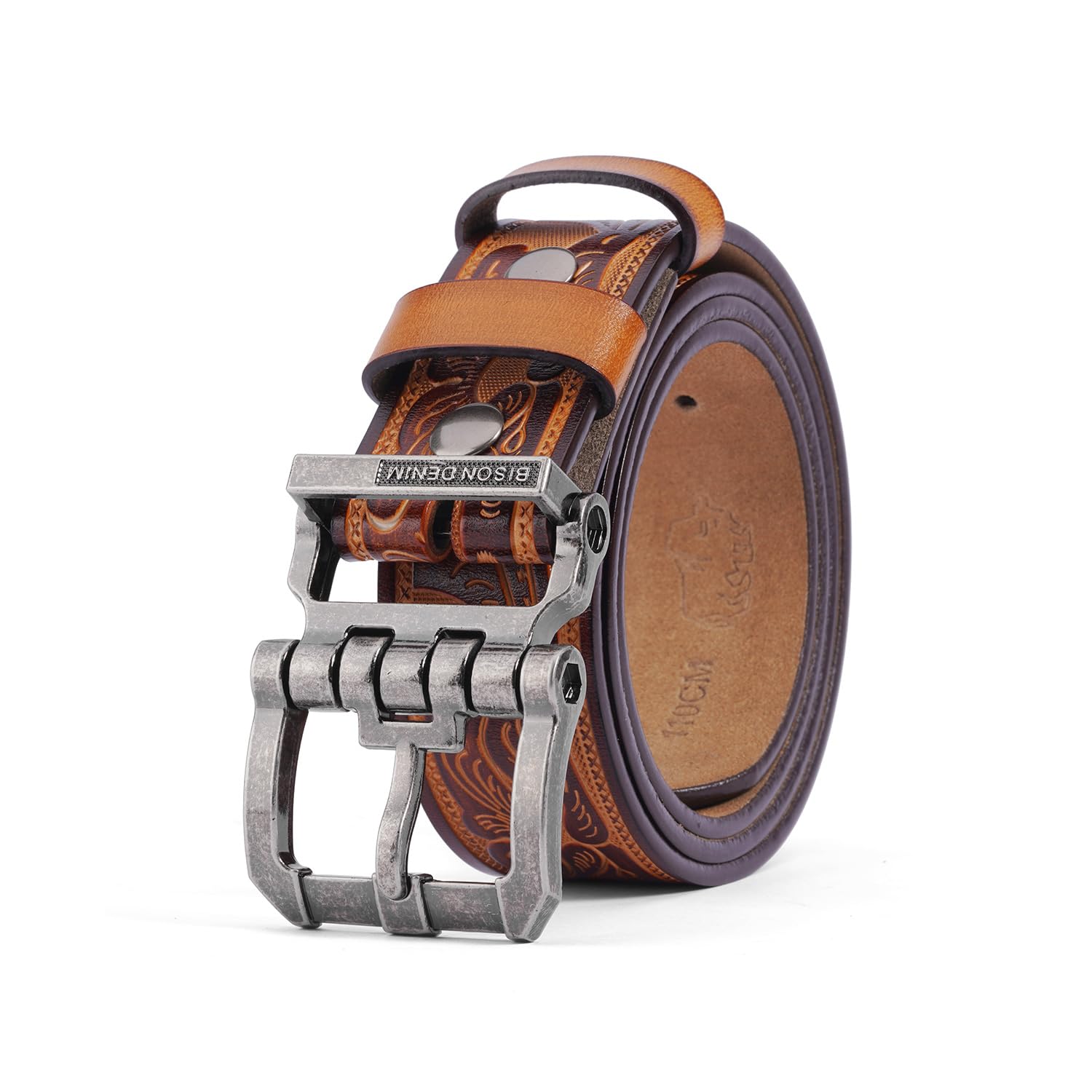 BISON DENIM Men's Genuine Leather Casual Belt, Classic Western Cowboy Dress Belt
