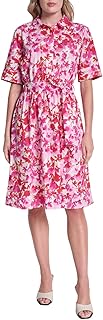 DKNY Womens 3/4 Sleeve Collared Neck Cotton Poplin Shirt Dress
