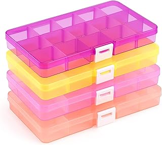 Opret Bead Organizer Box 15 Grids 4 Pack for Crafts | Jewelry Organizer, Plastic Container, Earring Storage, SMALL, Size 6.9×3.9×0.9in, Plastic, with Adjustable Dividers