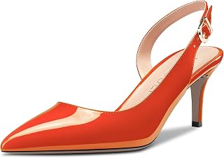 HDEUOLM Women's Stiletto Low Kitten Heel Lace Toe Cap Slip-on Slingback Pumps Cute Dress Classic 6.5 cm Heels