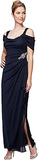 Alex Evenings Women's Long Cold Shoulder Mother of the Bride Dress with Beaded Detail at Hip