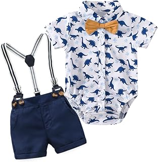 Volunboy Baby Boy Suit Set, Short Sleeve Bow Tie Shirt with Short Strap Romper